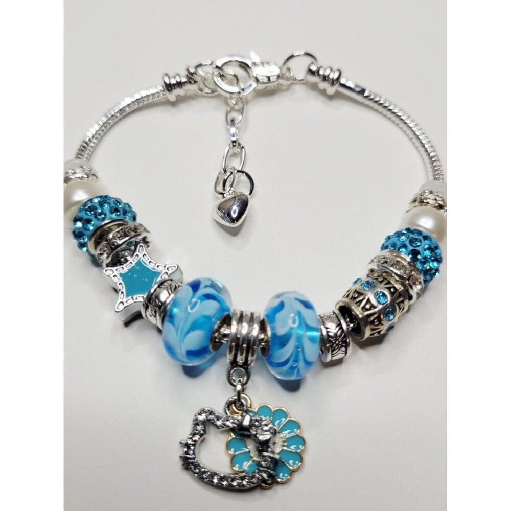 NWT Hello Kitty Pandora Style Charm Bracelet Silver Color Aqua Blue Rhinestones
